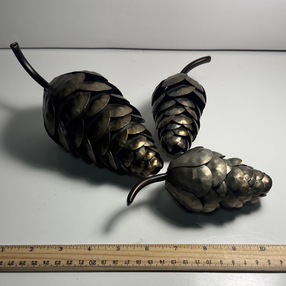 Metal Pinecone Decorative Accents — Set of 3 in Aged Brass Tone